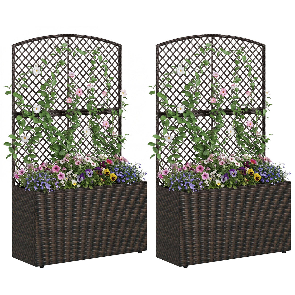 Set of 2 49 Inch Raised Garden Bed with Trellis and Wicker Planter Box-Brown