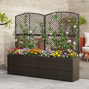 Set of 2 49 Inch Raised Garden Bed with Trellis and Wicker Planter Box-Brown