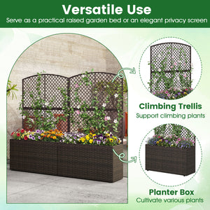 Set of 2 49 Inch Raised Garden Bed with Trellis and Wicker Planter Box-Brown