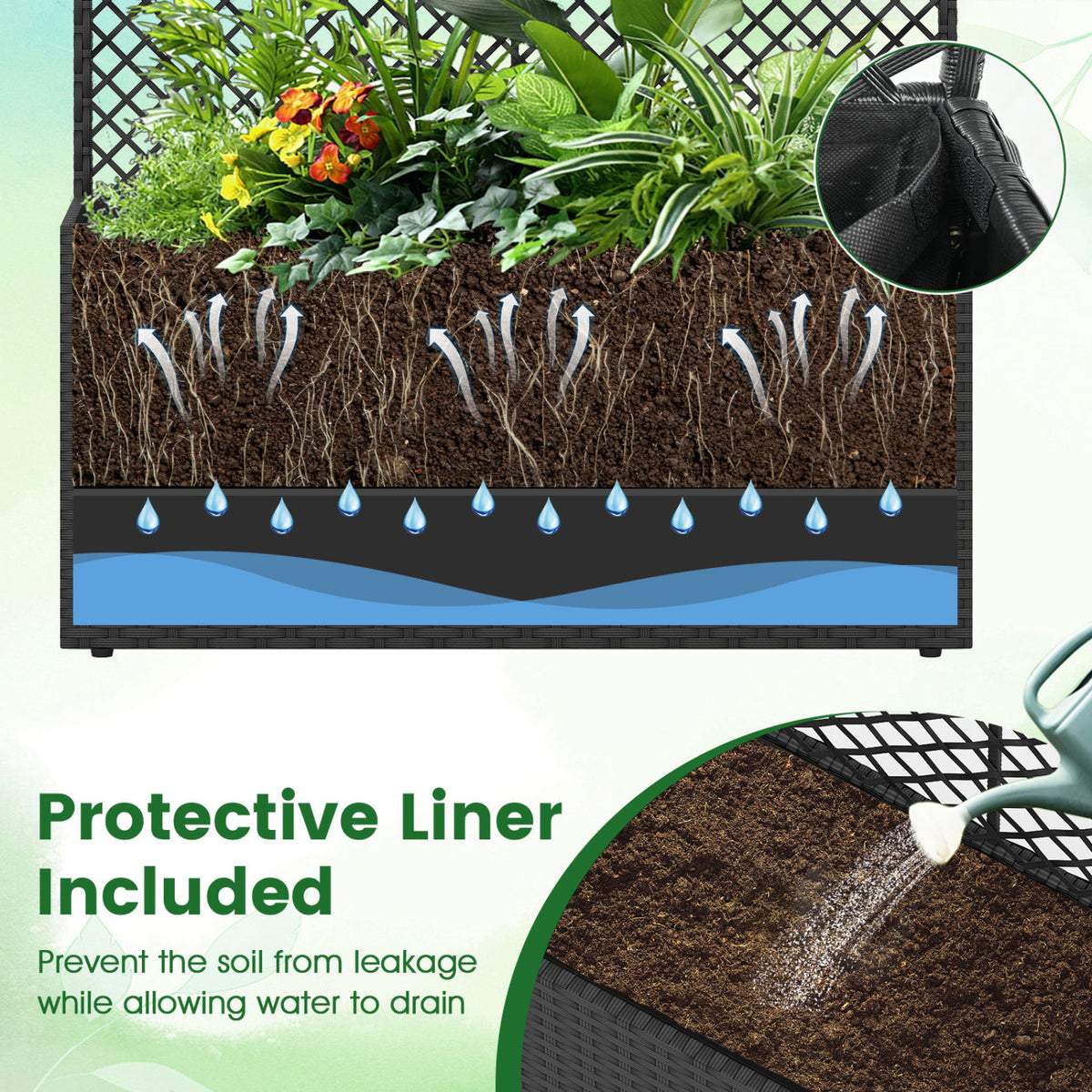 Set of 2 49 Inch Raised Garden Bed with Trellis and Wicker Planter Box-Black
