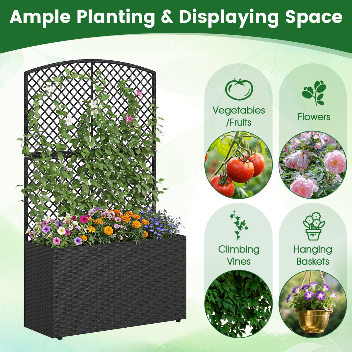 Set of 2 49 Inch Raised Garden Bed with Trellis and Wicker Planter Box-Black