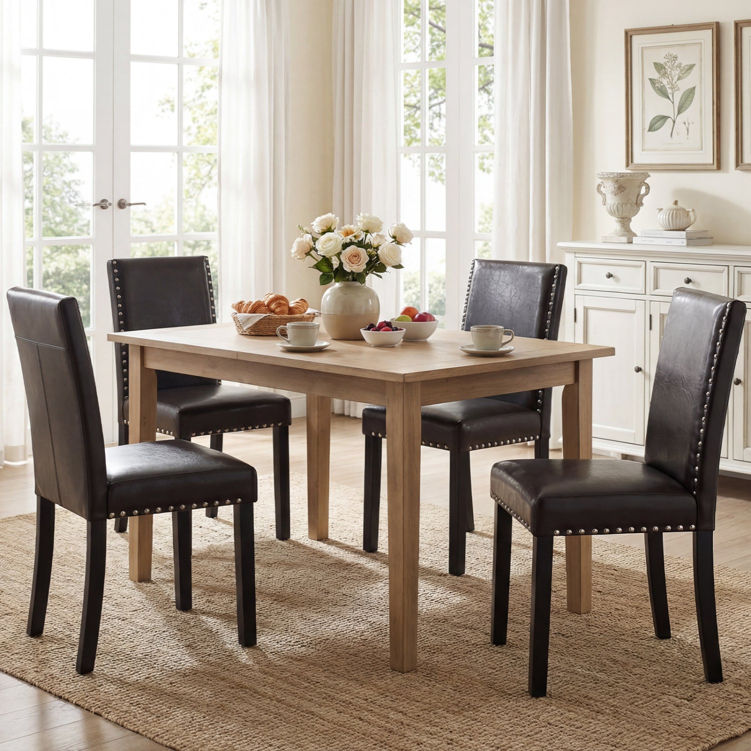Set of 2/4 Dining Chairs Faux Leather Upholstered Parsons Kitchen Chairs-Set of 4