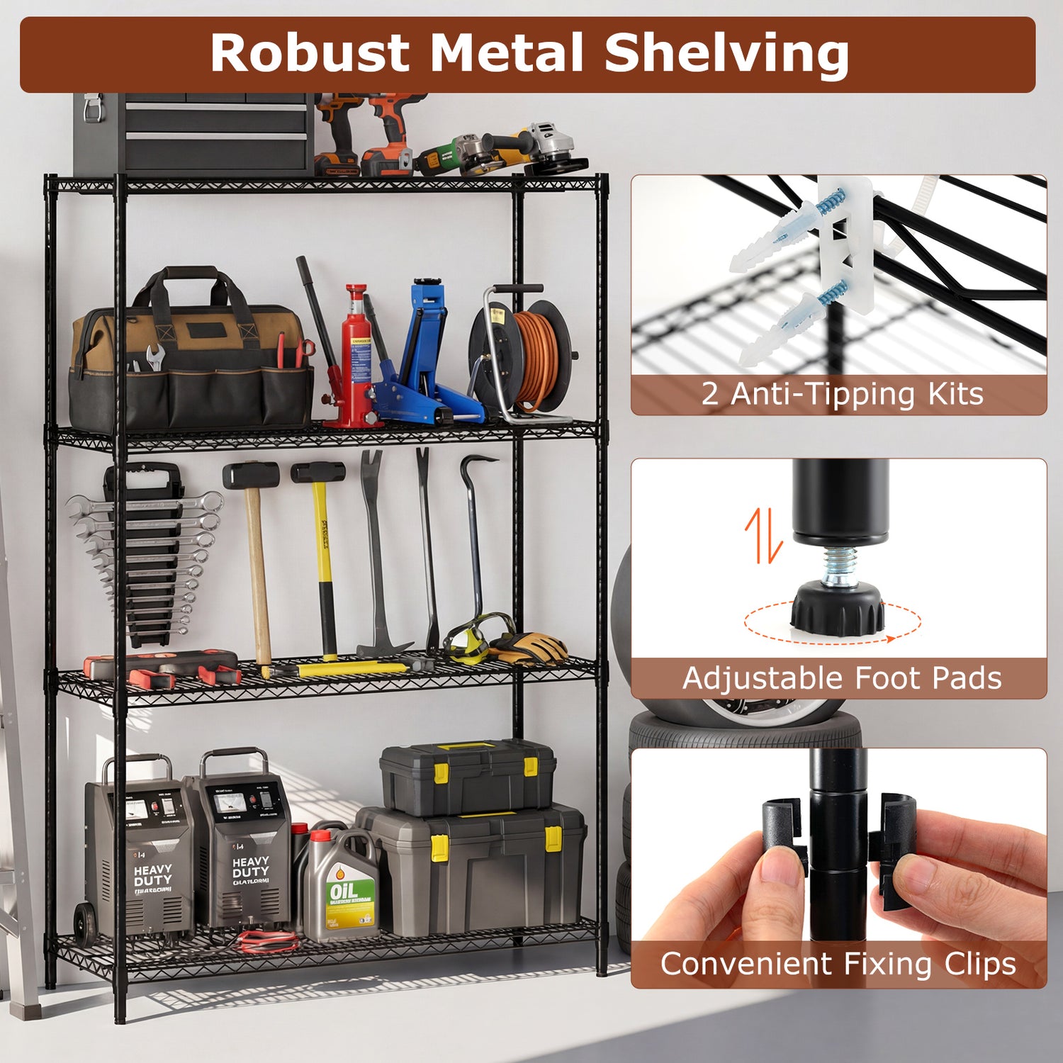Set of 2 4-Tier Metal Storage Shelving Unit with V-Shaped Wire Rack-Black