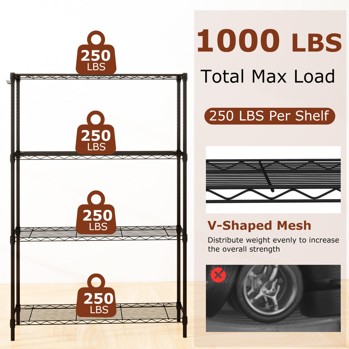 Set of 2 4-Tier Metal Storage Shelving Unit with V-Shaped Wire Rack and 1000 LBS Capacity-Black