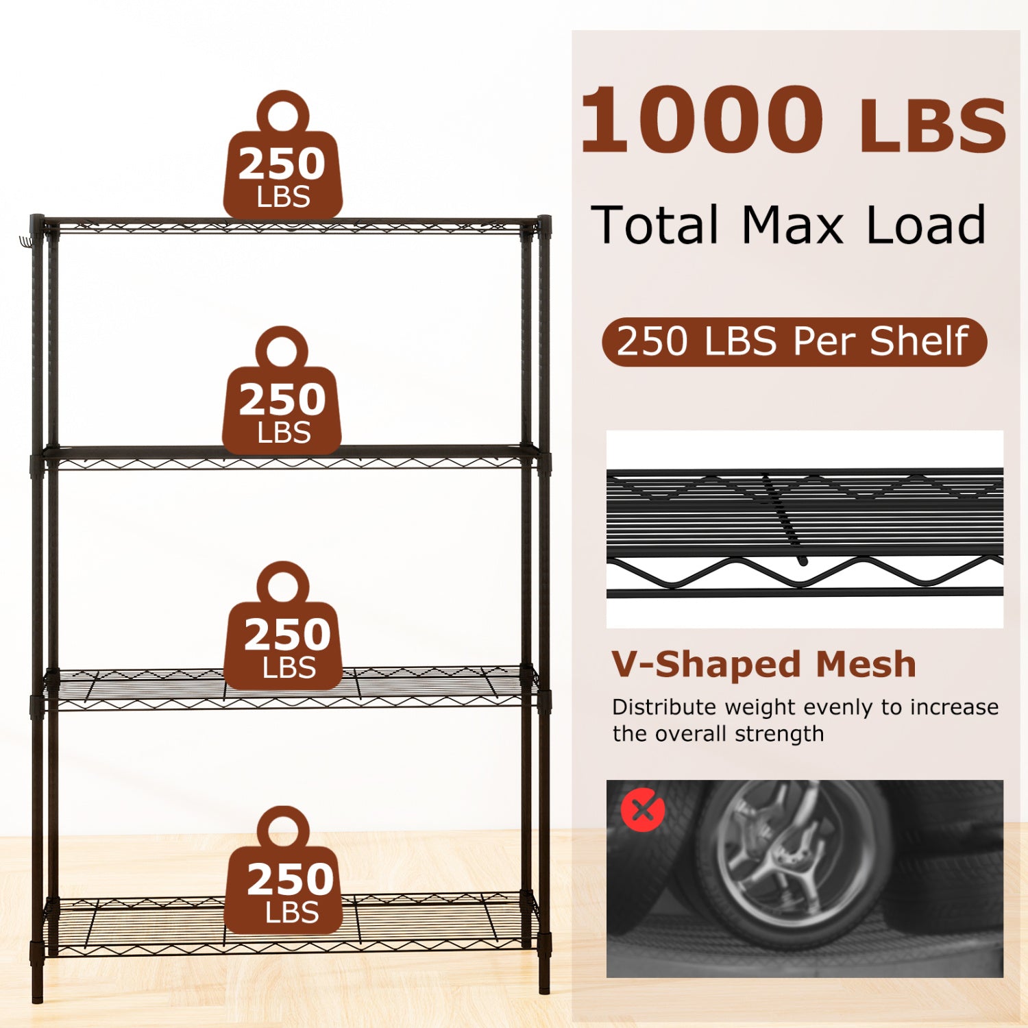 Set of 2 4-Tier Metal Storage Shelving Unit with V-Shaped Wire Rack and 1000 LBS Capacity-Black