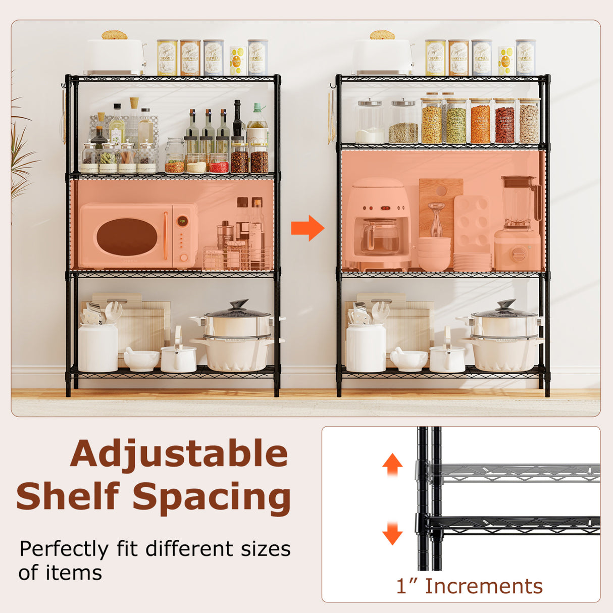 Set of 2 4-Tier Metal Storage Shelving Unit with V-Shaped Wire Rack and 1000 LBS Capacity-Black