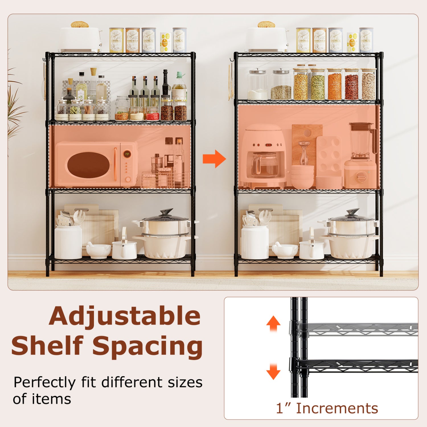 Set of 2 4-Tier Metal Storage Shelving Unit with V-Shaped Wire Rack and 1000 LBS Capacity-Black
