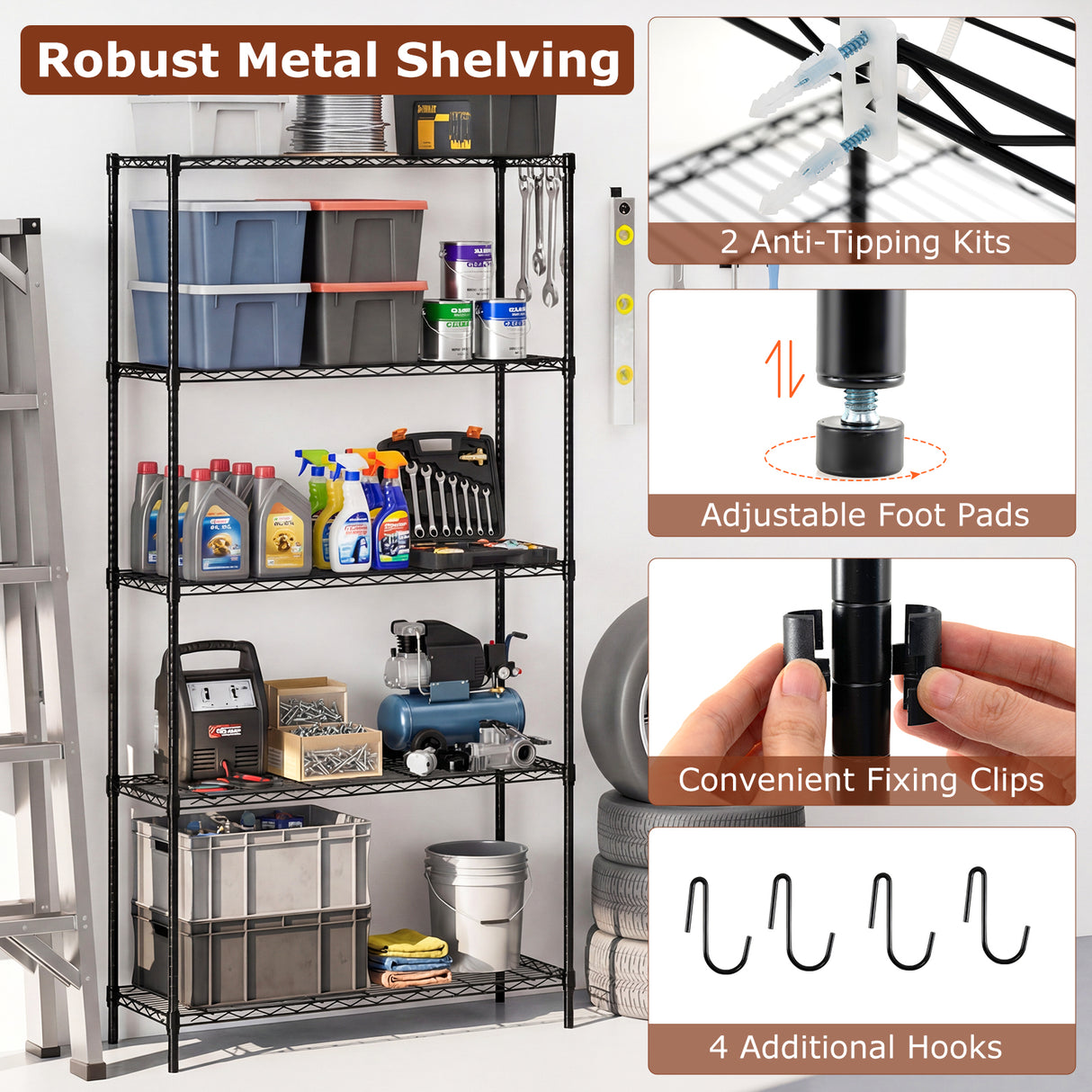 Set of 2 5-Tier Metal Storage Shelving Unit with V-Shaped Wire Rack and 1250 LBS Capacity-Black