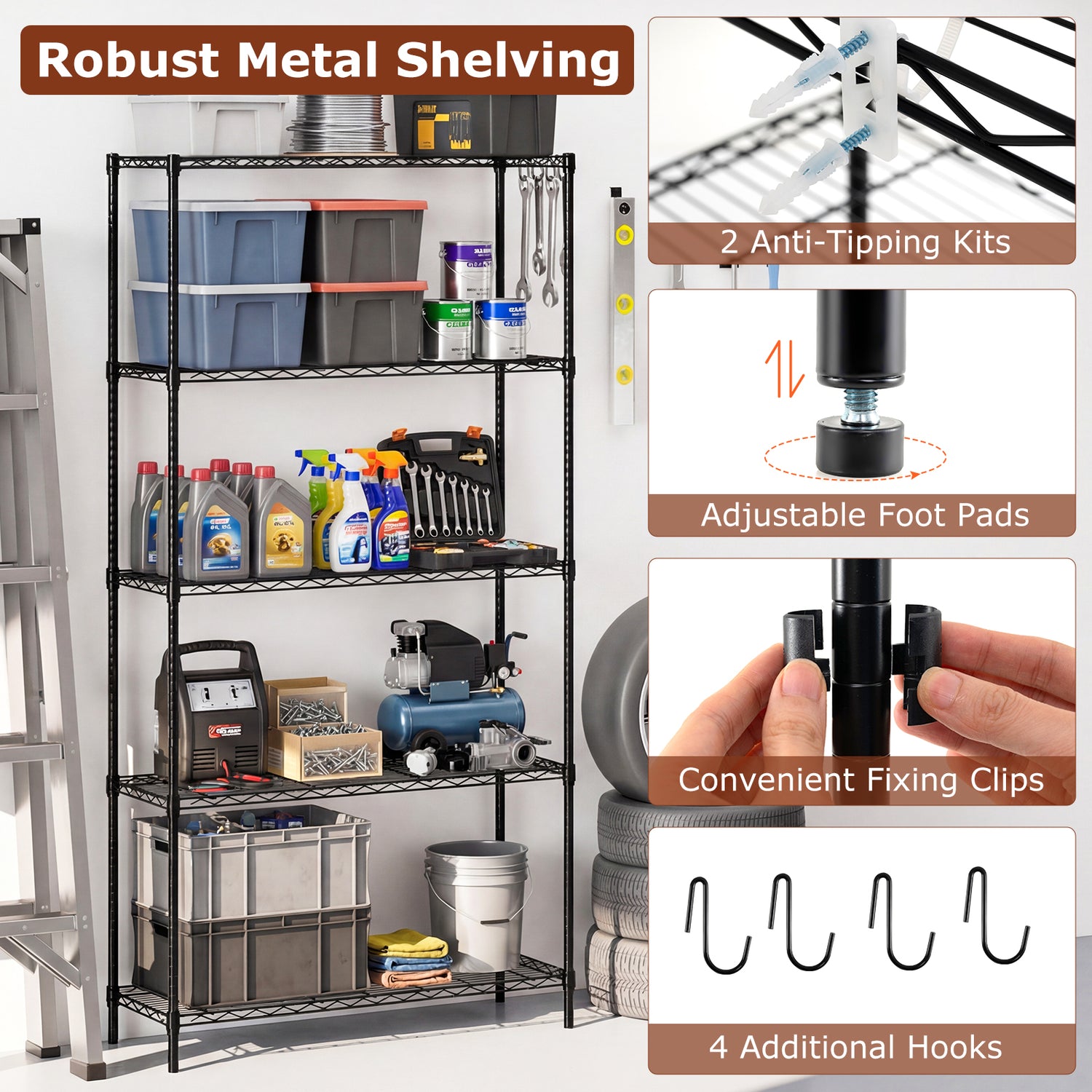 Set of 2 5-Tier Metal Storage Shelving Unit with V-Shaped Wire Rack and 1250 LBS Capacity-Black