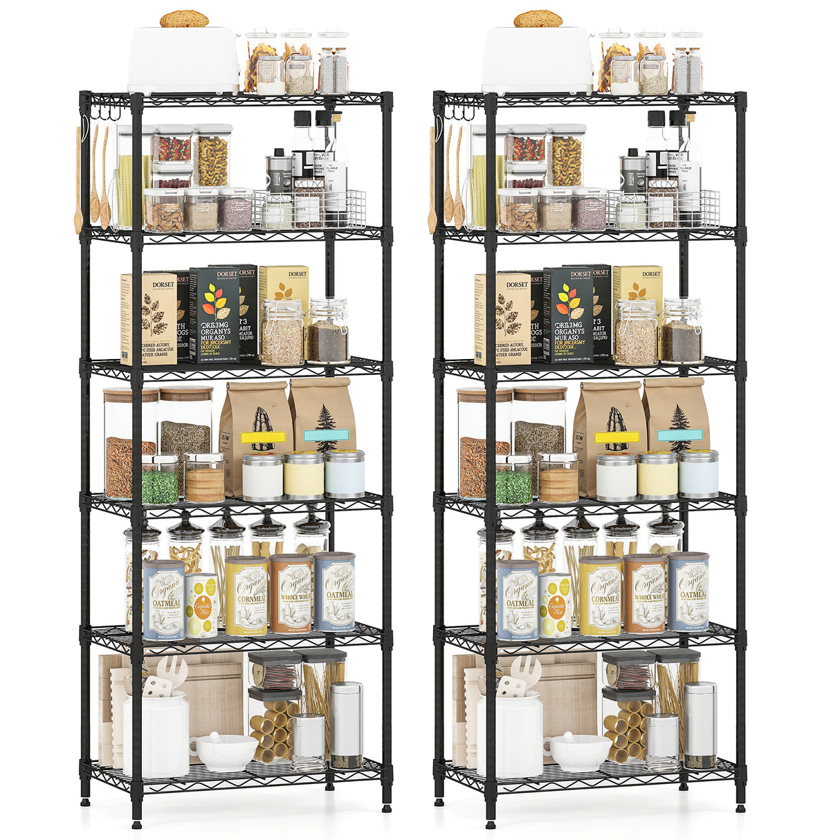 Set of 2 6-Tier Metal Storage Shelving Unit with V-Shaped Wire Rack and 900 LBS Capacity-Black