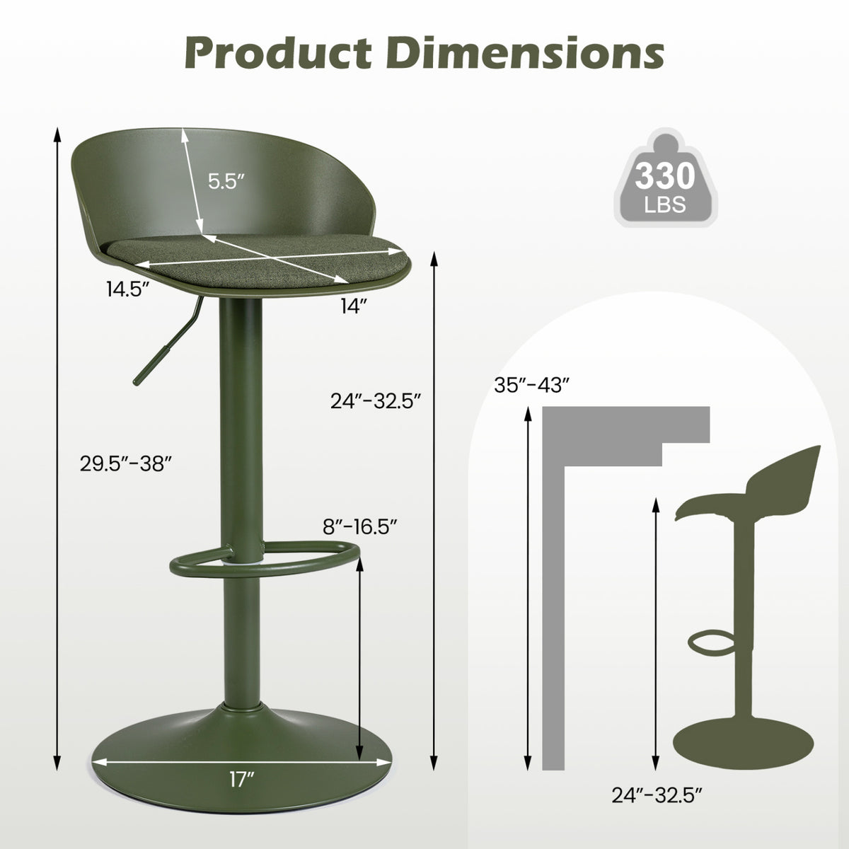 Set of 2 Adjustable Swivel Bar Stools w/ Back & Footrest 330 LBS for Dining-Green