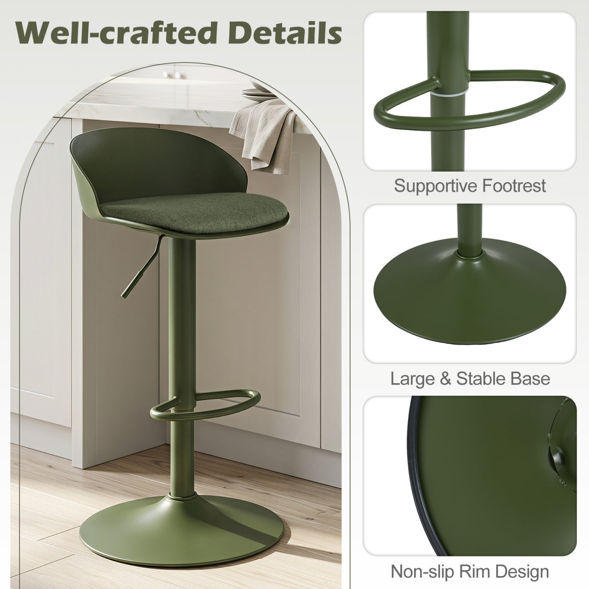 Set of 2 Adjustable Swivel Bar Stools w/ Back & Footrest 330 LBS for Dining-Green