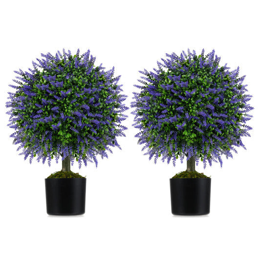 23 Inch Set of 2 Artificial Lavender Topiary Ball Trees with Cement-Filled Pot-Purple