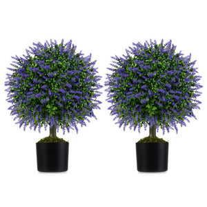 23 Inch Set of 2 Artificial Lavender Topiary Ball Trees with Cement-Filled Pot-Purple