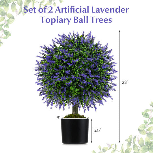 23 Inch Set of 2 Artificial Lavender Topiary Ball Trees with Cement-Filled Pot-Purple