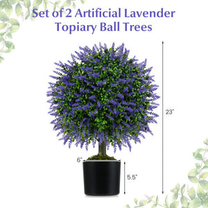 23 Inch Set of 2 Artificial Lavender Topiary Ball Trees with Cement-Filled Pot-Purple