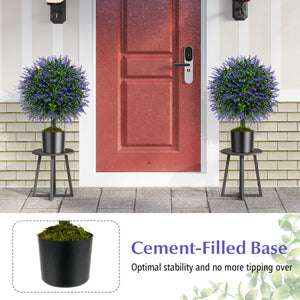 22 Inch Set of 2 Artificial Purple Rose Topiary Ball Trees with Cement-Filled Pot-Purple