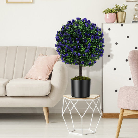 22 Inch Set of 2 Artificial Purple Rose Topiary Ball Trees with Cement-Filled Pot-Purple