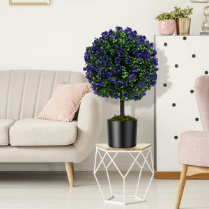 22 Inch Set of 2 Artificial Purple Rose Topiary Ball Trees with Cement-Filled Pot-Purple