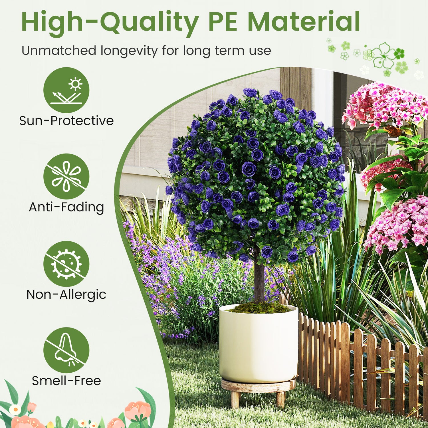 22 Inch Set of 2 Artificial Purple Rose Topiary Ball Trees with Cement-Filled Pot-Purple