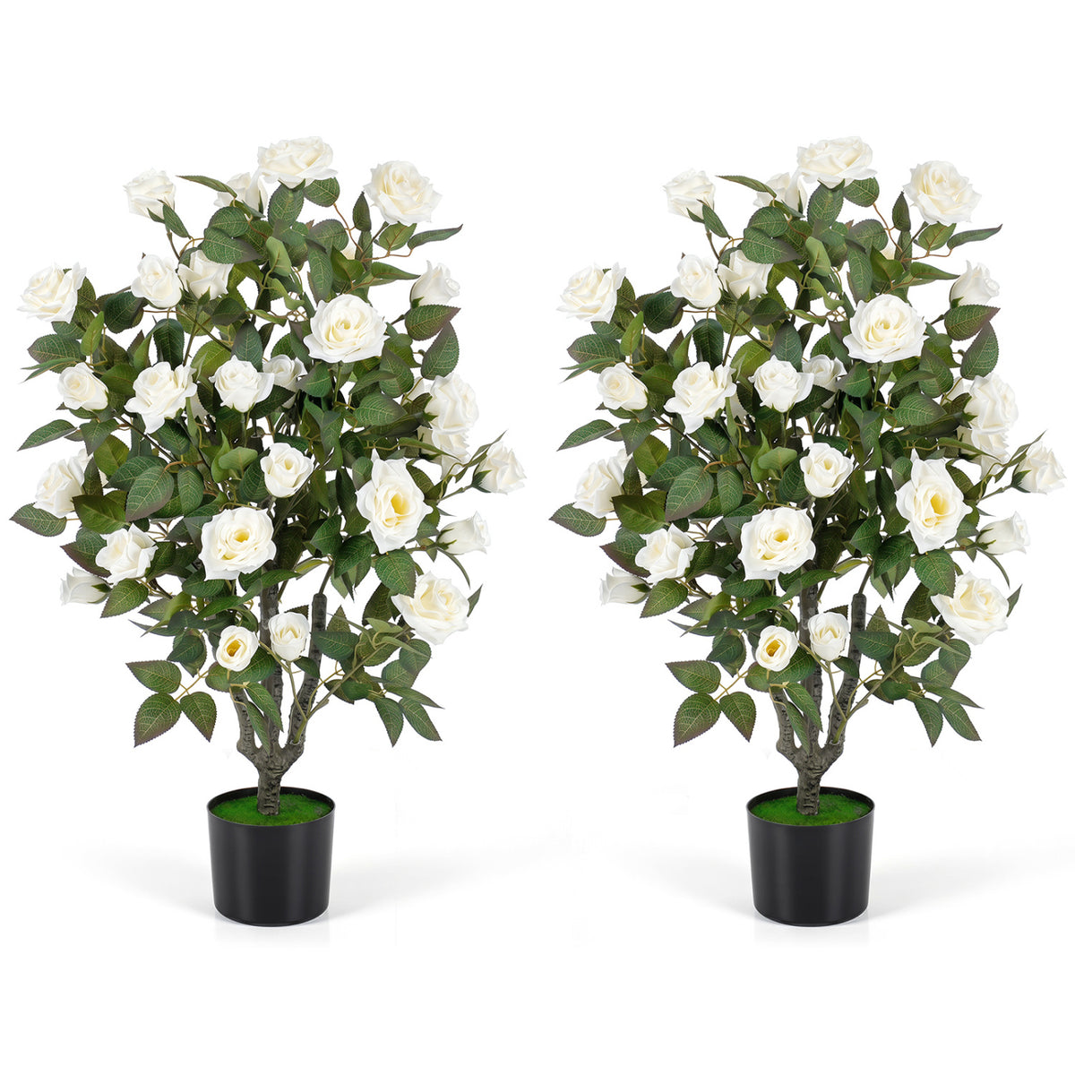 Set of 2 Artificial Rose Tree with Blooming Flowers and Green Leaves for Indoor-White
