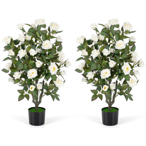 Set of 2 Artificial Rose Tree with Blooming Flowers and Green Leaves for Indoor-White