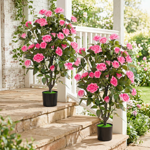 Set of 2 Artificial Rose Tree with Blooming Flowers and Green Leaves for Indoor-Pink