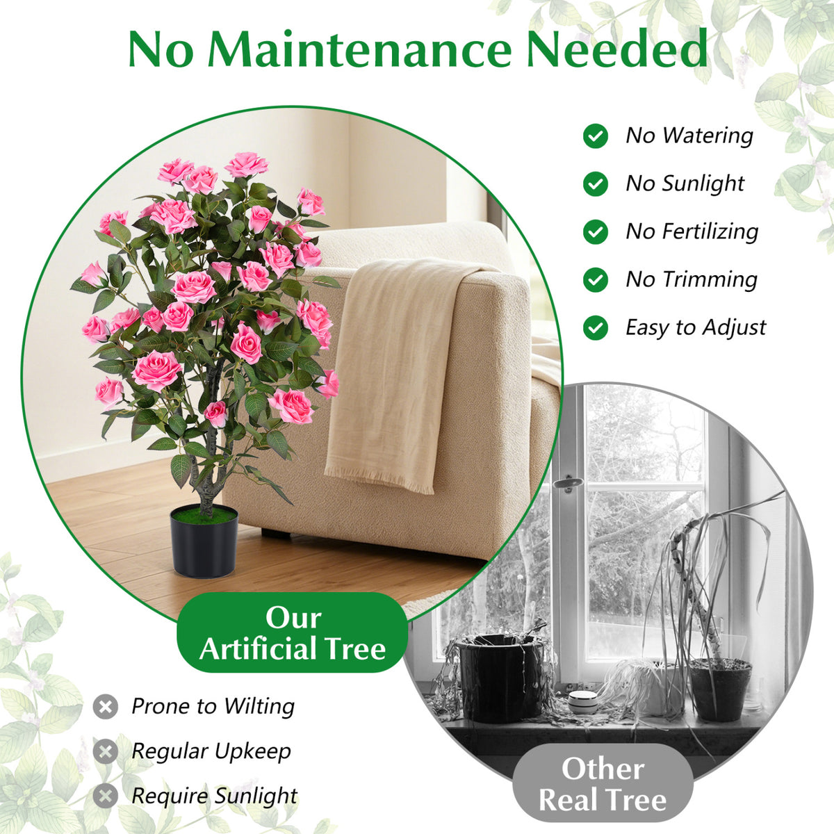 Set of 2 Artificial Rose Tree with Blooming Flowers and Green Leaves for Indoor-Pink