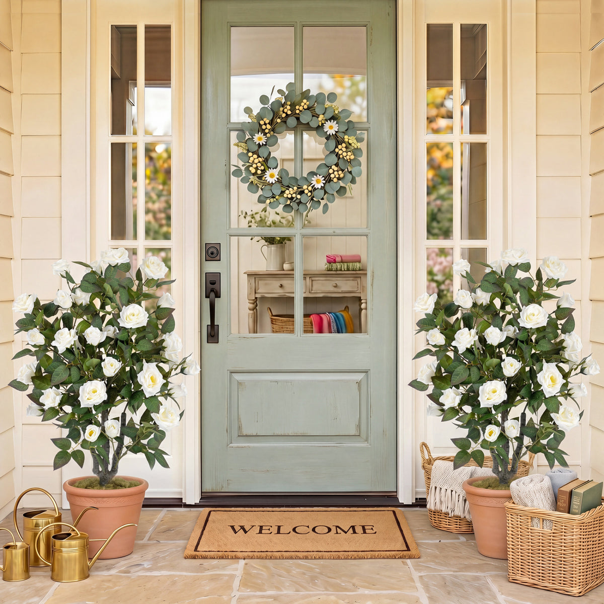 Set of 2 Artificial Rose Tree with Blooming Flowers and Green Leaves for Indoor-White