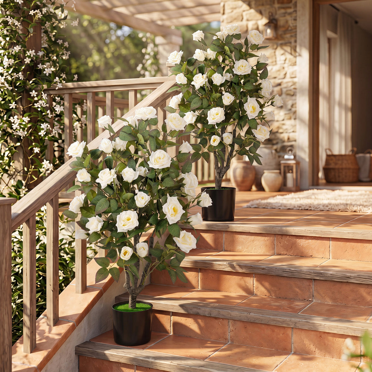 Set of 2 Artificial Rose Tree with Blooming Flowers and Green Leaves for Indoor-White