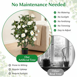 Set of 2 Artificial Rose Tree with Blooming Flowers and Green Leaves for Indoor-White