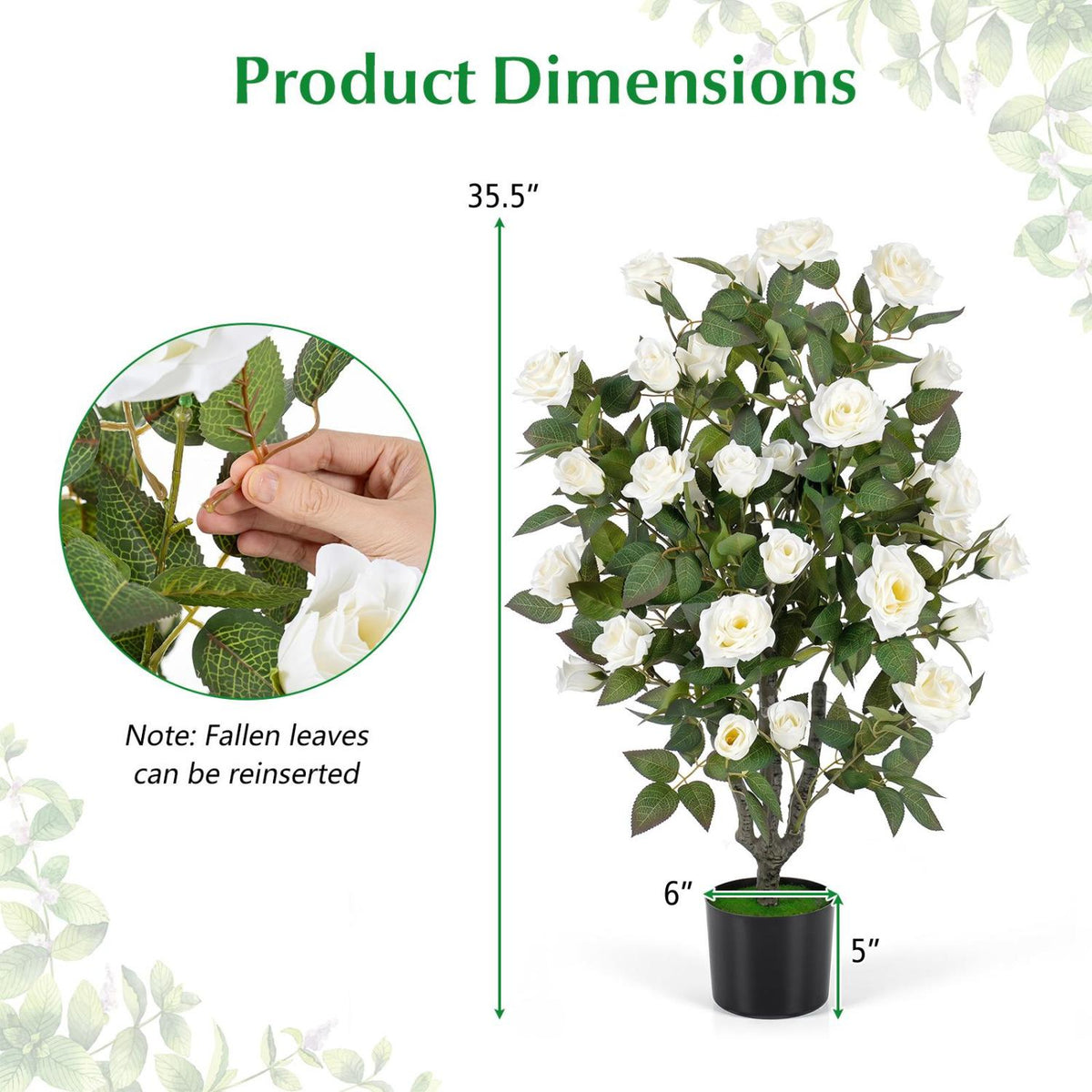 Set of 2 Artificial Rose Tree with Blooming Flowers and Green Leaves for Indoor-White