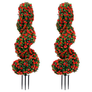 Set of 2 Artificial Spiral Topiary Trees with Sun Protection and Ground Spikes-Red