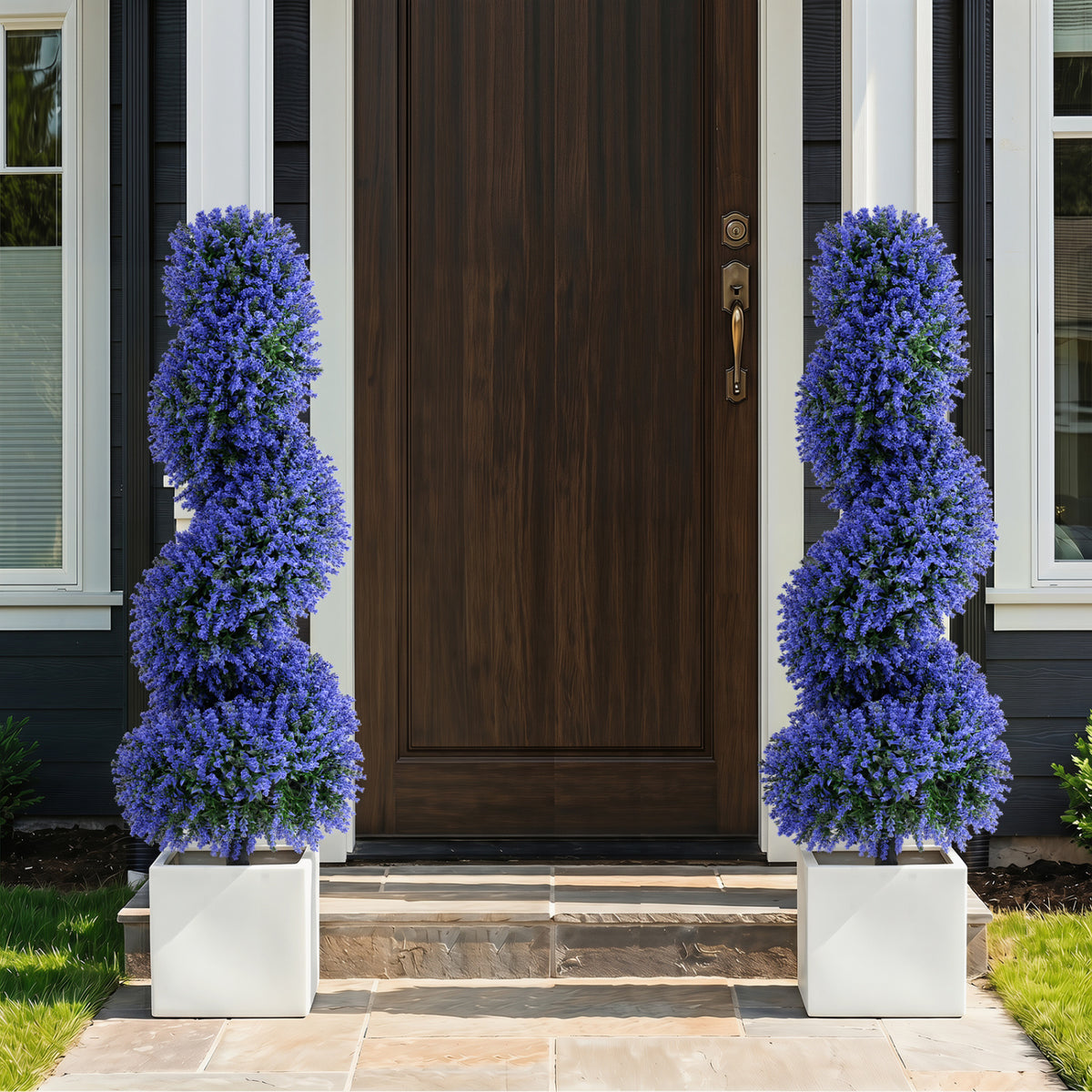 Set of 2 Artificial Spiral Topiary Trees with Sun Protection and Ground Spikes-Purple