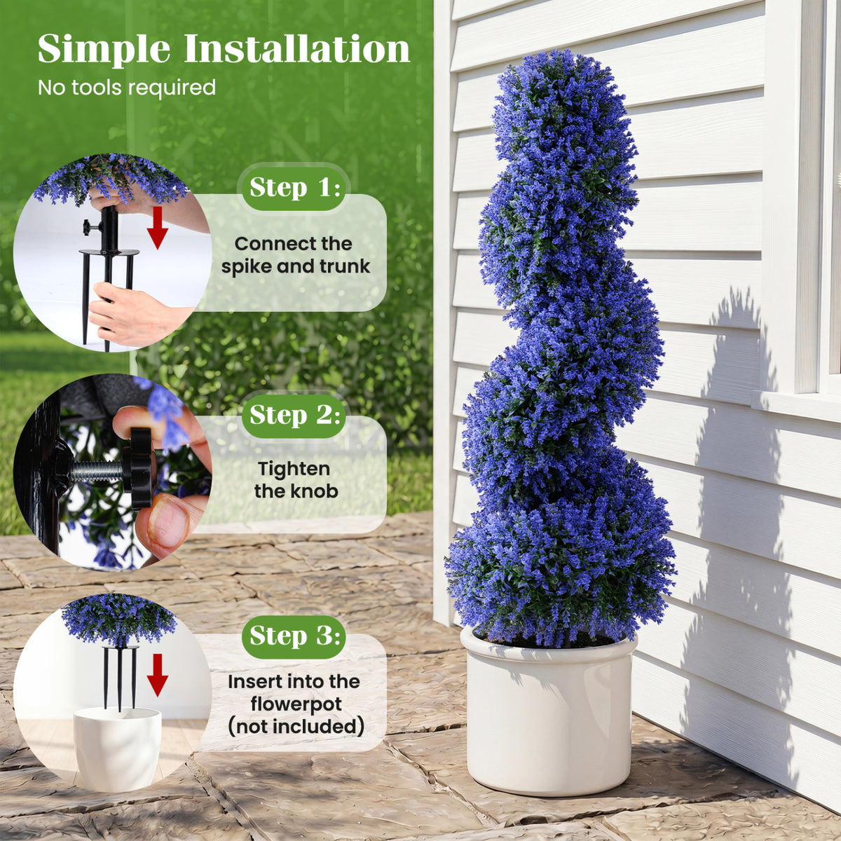 Set of 2 Artificial Spiral Topiary Trees with Sun Protection and Ground Spikes-Purple