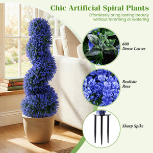 Set of 2 Artificial Spiral Topiary Trees with Sun Protection and Ground Spikes-Purple