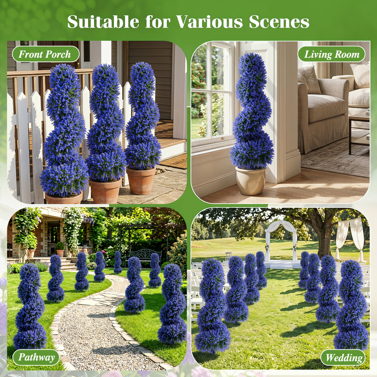 Set of 2 Artificial Spiral Topiary Trees with Sun Protection and Ground Spikes-Purple