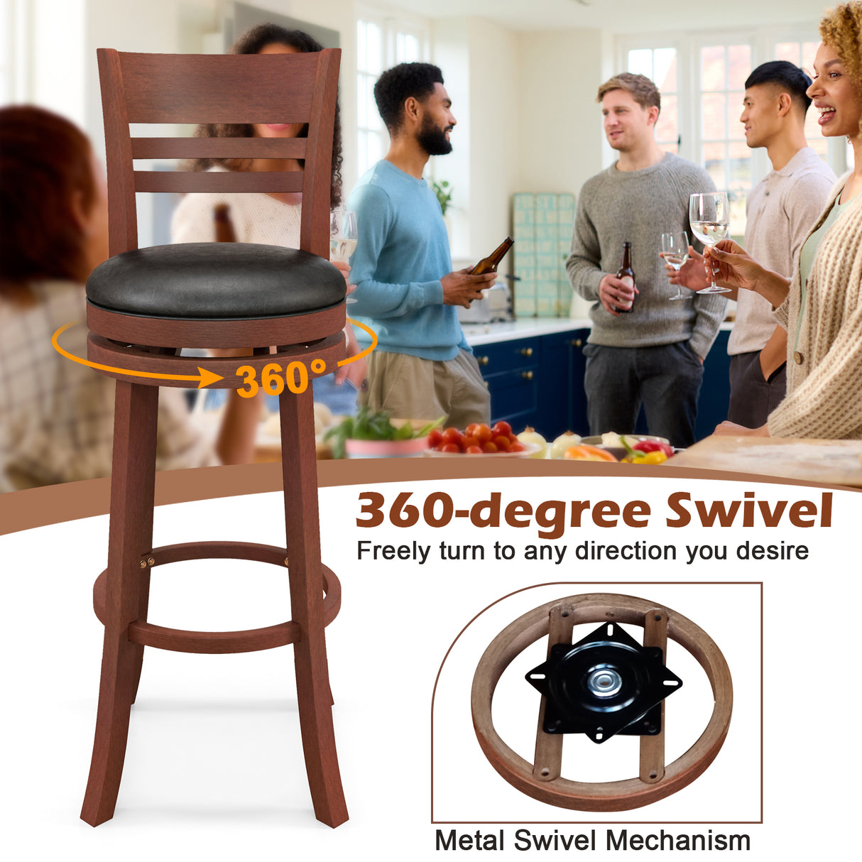 Set of 2 360 ° Bar Stools with PU Upholstered Seats-Brown