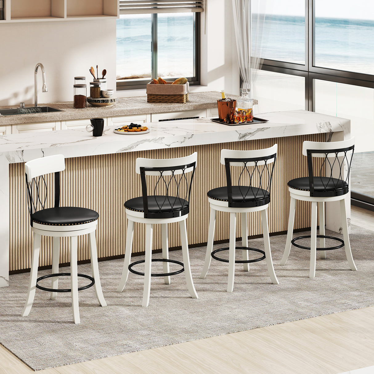 Set of 2 Bar Stools Swivel Bar Chairs with Footrest Rubber Wood Frame and Tufted Rivets-26 inches