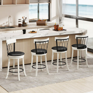 Set of 2 Bar Stools Swivel Bar Chairs with Footrest Rubber Wood Frame and Tufted Rivets-26 inches