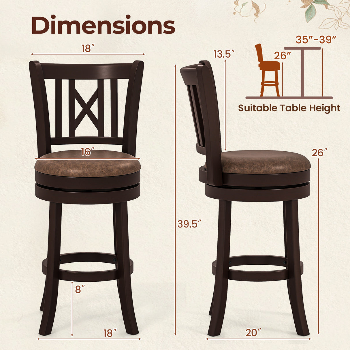 Set of 2 Bar Stools Swivel Bar Chairs with Footrest and Hollowed Backrest-26 inches