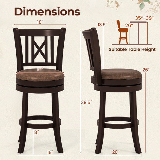 Set of 2 Bar Stools Swivel Bar Chairs with Footrest and Hollowed Backrest-26 inches