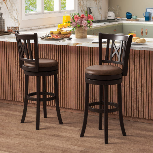 Set of 2 Bar Stools Swivel Bar Chairs with Footrest and Hollowed Backrest-30 inches