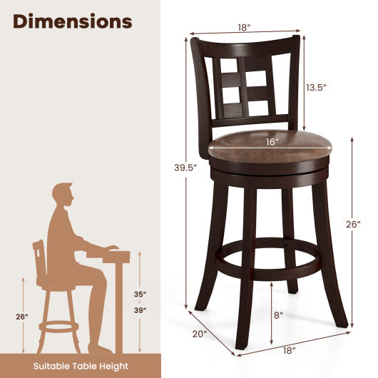 Set of 2 Bar Stools Swivel Bar Chairs with Footrest and Lattice Backrest-26 inches