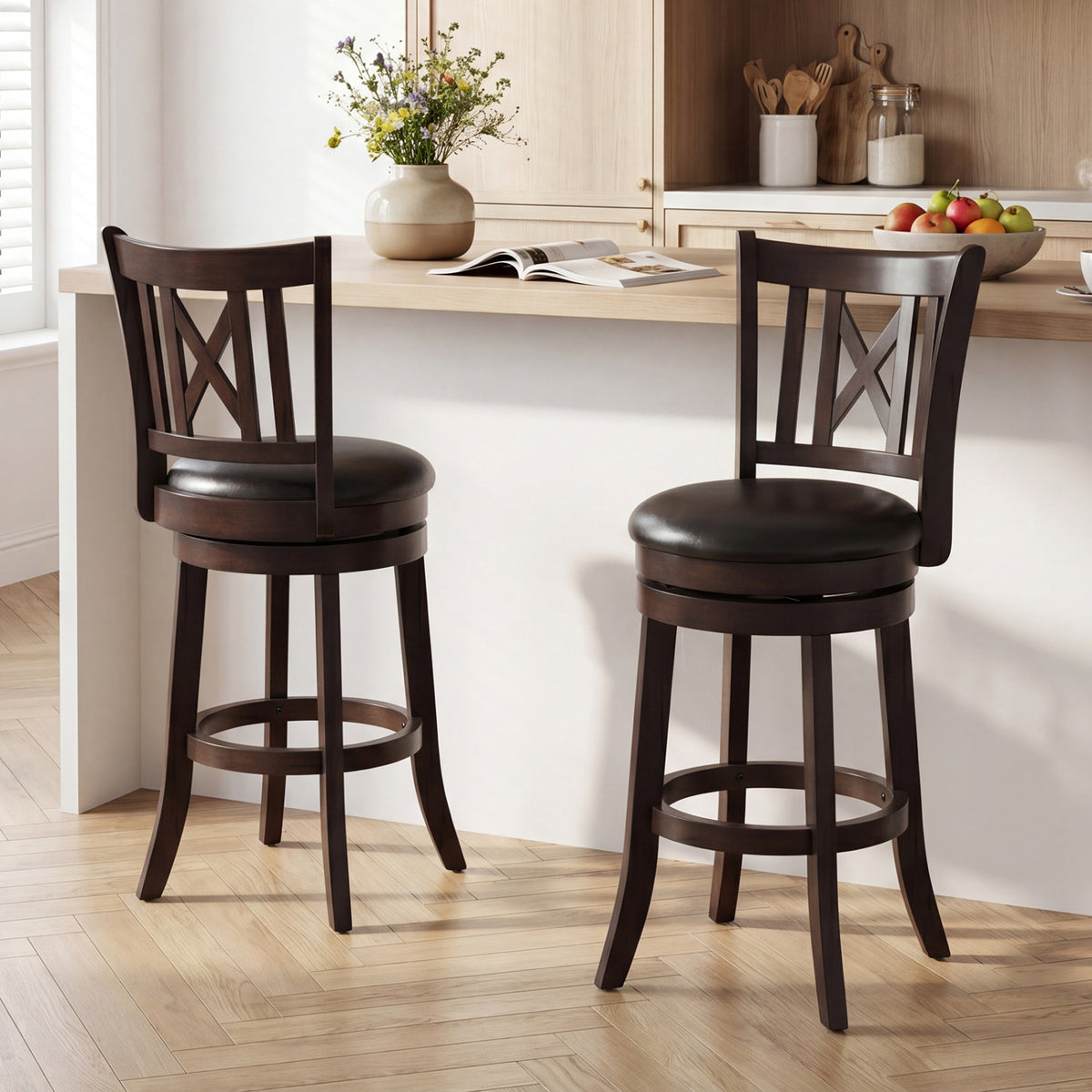 Set of 2 Bar Stools Swivel Bar Chairs with Hollowed Backrest and Footrest-26 inches