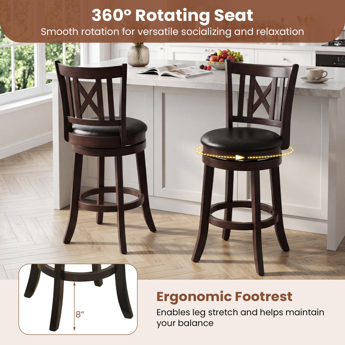 Set of 2 Bar Stools Swivel Bar Chairs with Hollowed Backrest and Footrest-26 inches