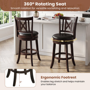 Set of 2 Bar Stools Swivel Bar Chairs with Hollowed Backrest and Footrest-26 inches