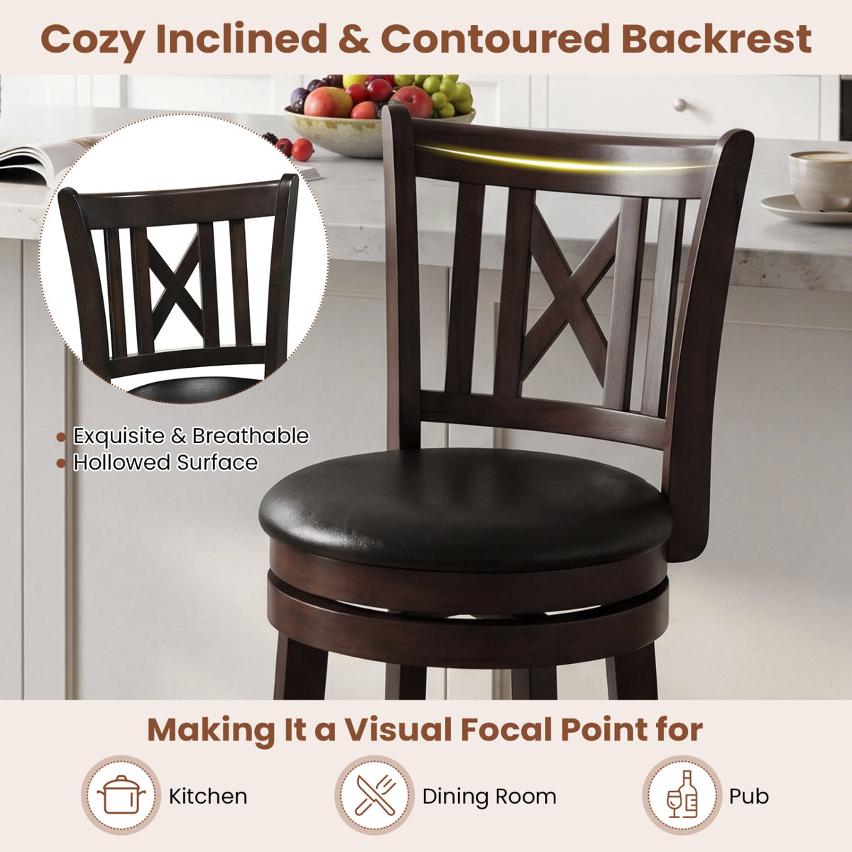 Set of 2 Bar Stools Swivel Bar Chairs with Hollowed Backrest and Footrest-26 inches