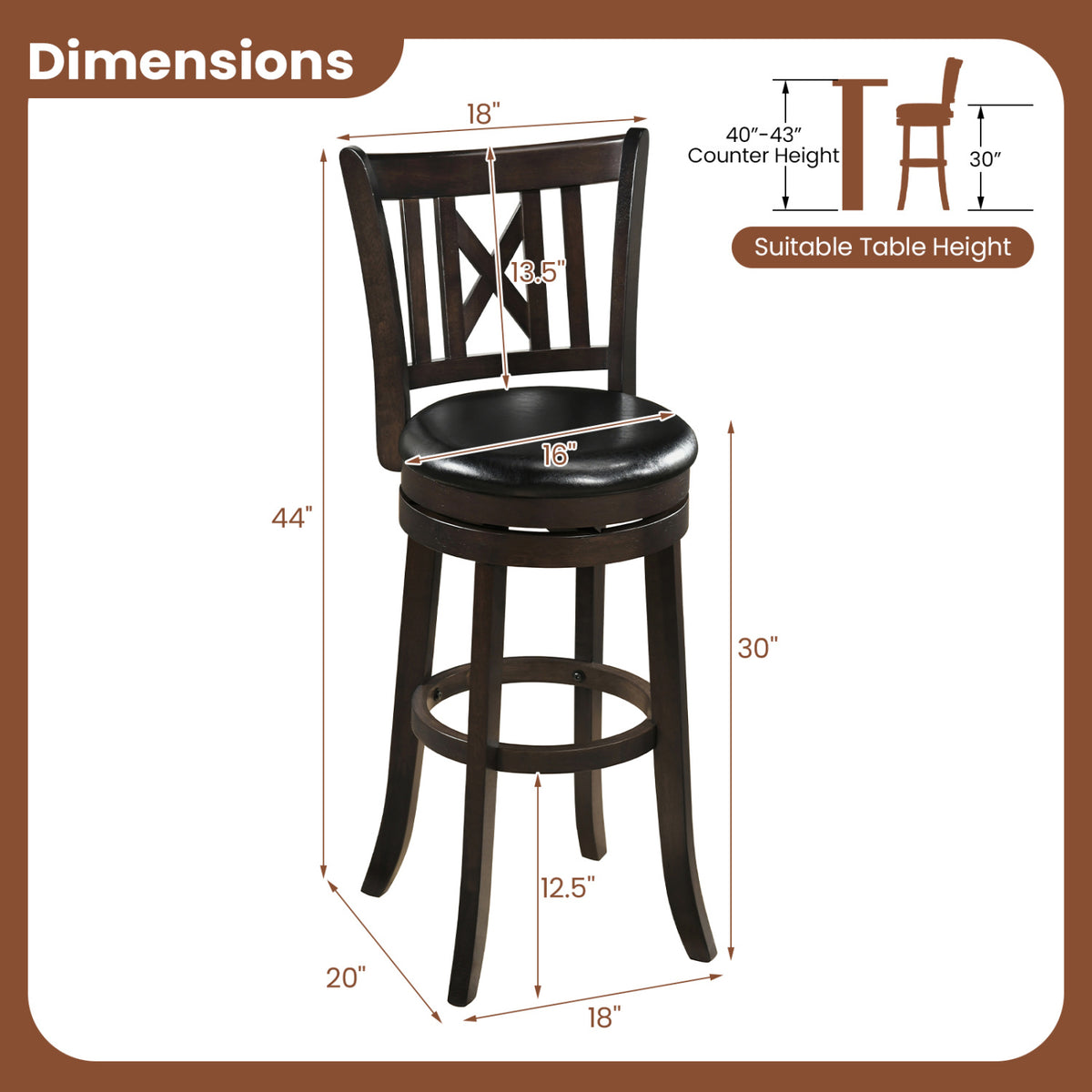 Set of 2 Bar Stools Swivel Bar Chairs with Hollowed Backrest and Footrest-30 inches