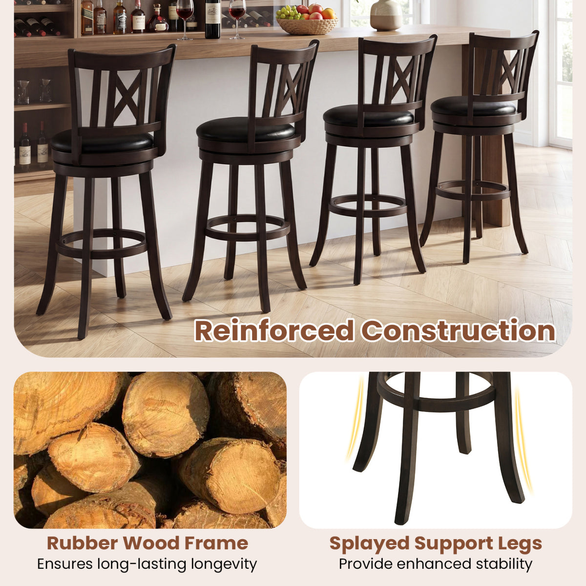 Set of 2 Bar Stools Swivel Bar Chairs with Hollowed Backrest and Footrest-30 inches